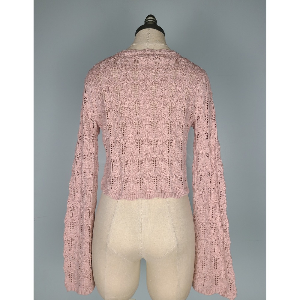 Freshman Sz XS Bell Sleeve Cardigan Fitted Pink Crochet Cottagecore Boho Western - Picture 2 of 5